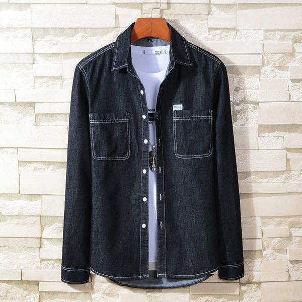 

spring summer men's denim slim shirt high-quality fashion all-match cowboy jacket business casual male black blue 210531, White;black