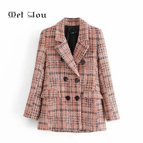 

2021 office ladies autumn and winter plaid stitching suit jacket, british style red long-sleeved lapel double-breasted jacket, White;black