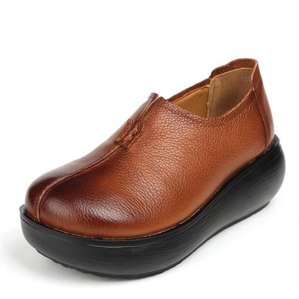 

dress shoes 2021 spring autumn genuine leather woman thick sole increase retro casual wedges high heels women, Black