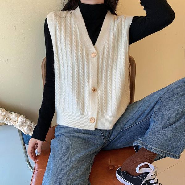 

women's vests v-neck knitted vest sweater autumn and winter korean loose sleeveless jumpers coat pull clothes vetement femme, Black;white