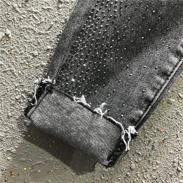 

women's jeans high-waist stretch curling denim pants 2021 spring drilling pencil ladies grey black ---, Blue