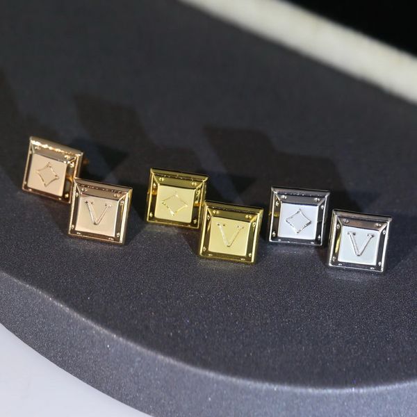 

europe america fashion style earring lady womens gold/silver/rose-color metal engraved v initials flower square stud earrings, Golden;silver