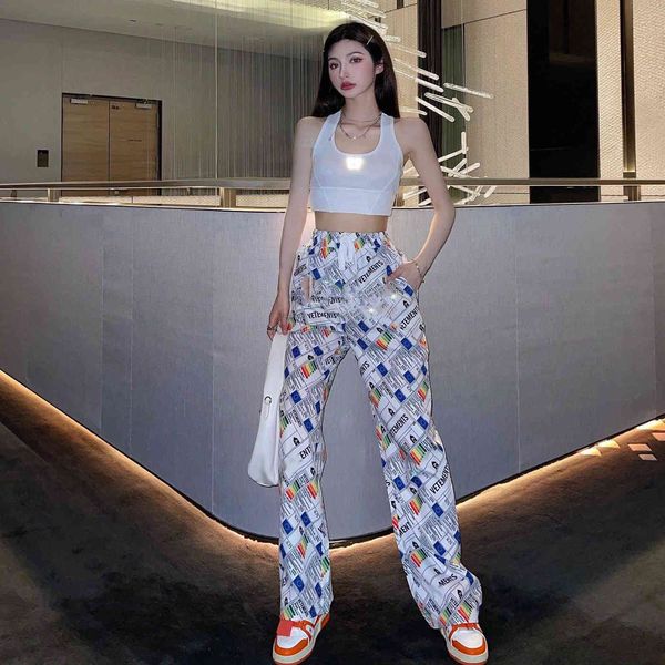 

online 2021 summer new full print reflective wide leg pants, White;black