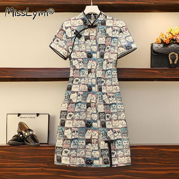 

casual dresses 5xl plus size women vintage chinese cheongsam summer 2021 cartoon cat print short sleeve ladies bodycon dress, Black;gray