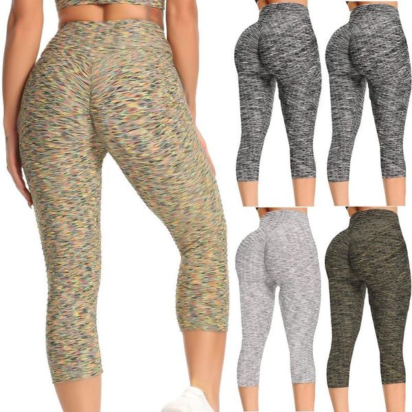 

yoga outfit women's gym workout sport pants solid color seamless knitting high waist tight fitting hip lift leggings cropped trousers