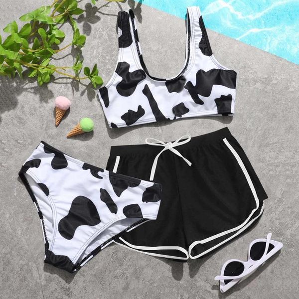 

one-pieces 2021 children girls summer swimsuit clothes cute crisscross white and back cow floral printed three-piece swimwear outfits 8-14y, Black