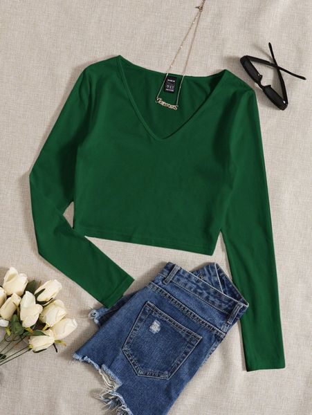 

solid v neck crop tee n5o1#, White