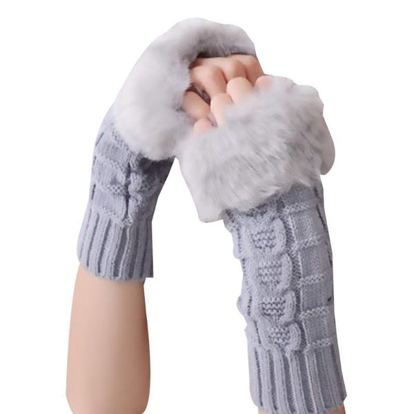 

five fingers gloves women warm winter without pompom fur wrist mittens knit warmer female fingerless fuzzy knitted, Blue;gray