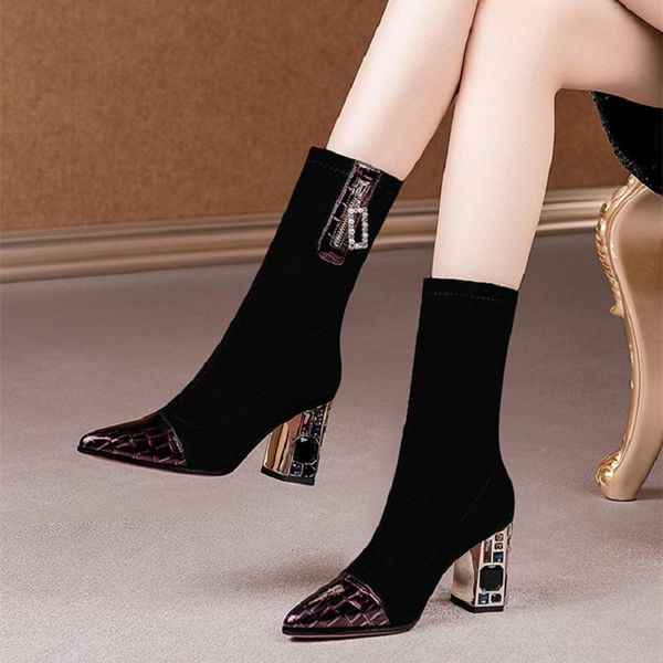 

boots fashion elastic mid-calf women 2021 winter flock ladies high heel chunky rhinestone botas elegant lady shoes, Black