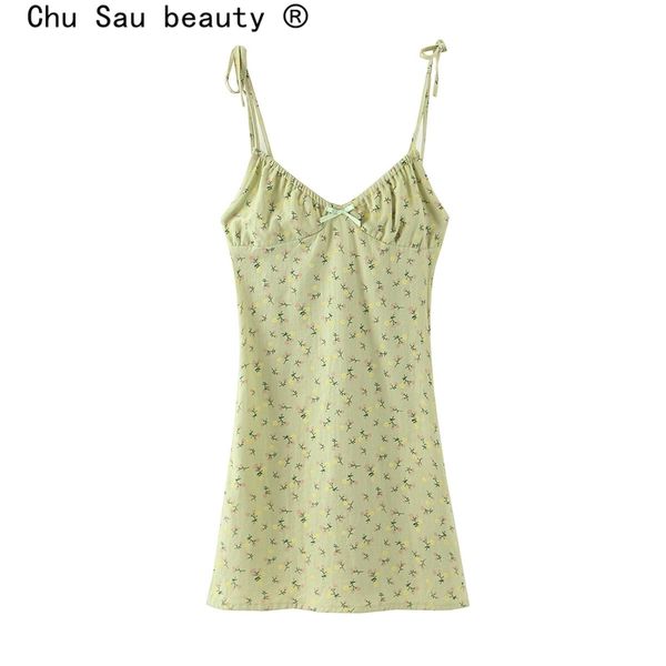 

chu sau beauty new casual chic floral print sling mini dress women holiday bow v-neck dress summer backless ladies dresses 210303, Black;gray