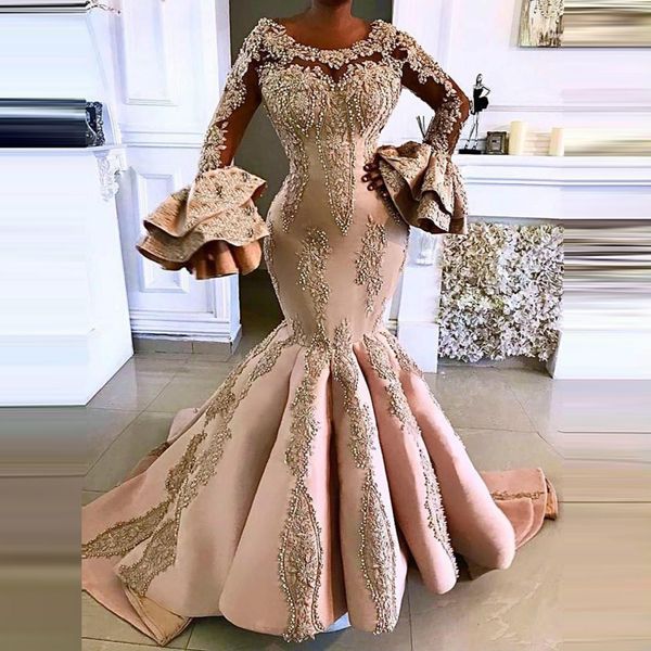 Aso Ebi Meerjungfrau formelle Abendkleider Dubai afrikanische Champagner lange Ärmel abgestufte Applikation Spitze Perlen Pailletten Übergröße Abendkleid Luxus-Kleider für besondere Anlässe