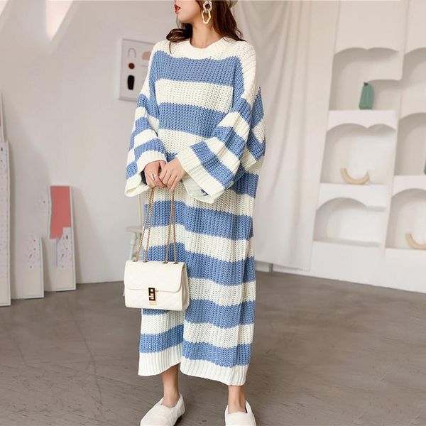 

women's sweaters [ewq] long sleeve women pullovers autumn winter 2021 striped big size knitting sweater sweet queen straight knitwear, White;black