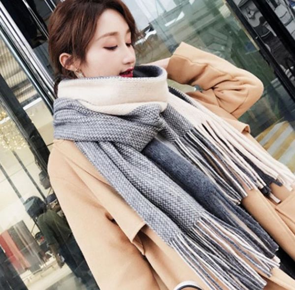 

scarves colored stripes tassel winter scarf wraps imitation cashmere pashmina women scarfs thick dual shawl hijab poncho for ladies, Blue;gray