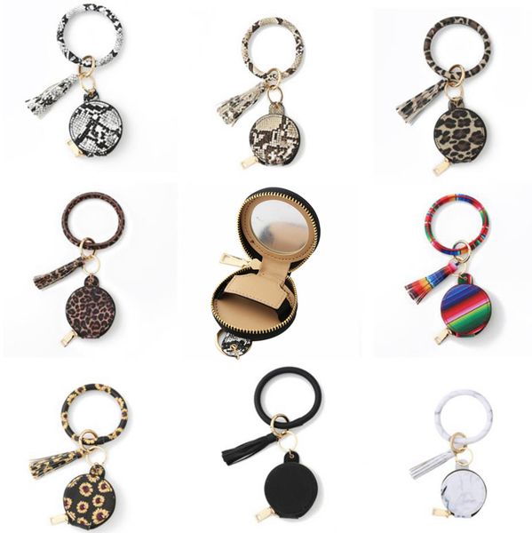 

bracelet keychain earbuds bags with makeup mirror pu leather wristlet key ring holder bangle earphone tassel mini coin purse 9 designs d6483, Blue