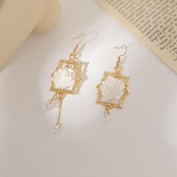 

stud retro resin rose geometric big earrings for women girls gold color metal hollow out crystal asymmetric tassel jewelry, Golden;silver