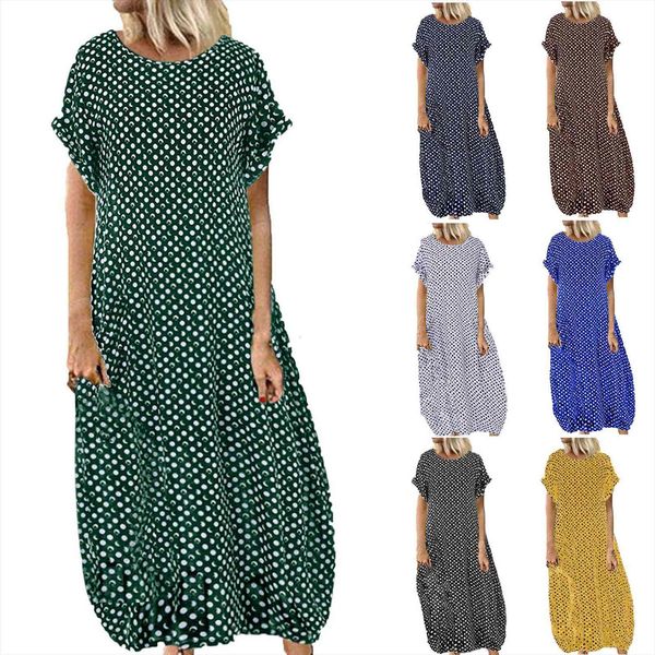 

casual plus size pockets women dresses o neck polka dot printing short sleeve ankle length daily, Black;gray