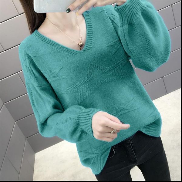 

2021 long sleeve knitted women sweater casual solid pullovers v neck cotton autumn woman sweater knitting pullover ns4373, White;black
