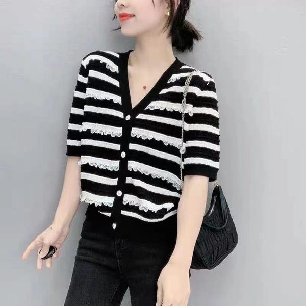 

women's sweaters 2021 real 20504 (no. 2 in 1 room 4) not make web celebrity figure v-neck stripe knitting cardigan [2021] 34 with short, White;black