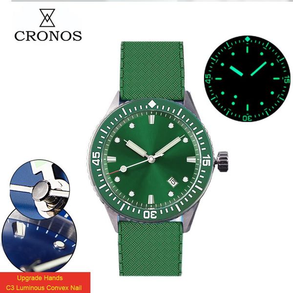 

wristwatches cronos men's blue sterile dial diver watch sapphire glass ceramic bezel japan nh35 automatic movement 200m water resistant, Slivery;brown