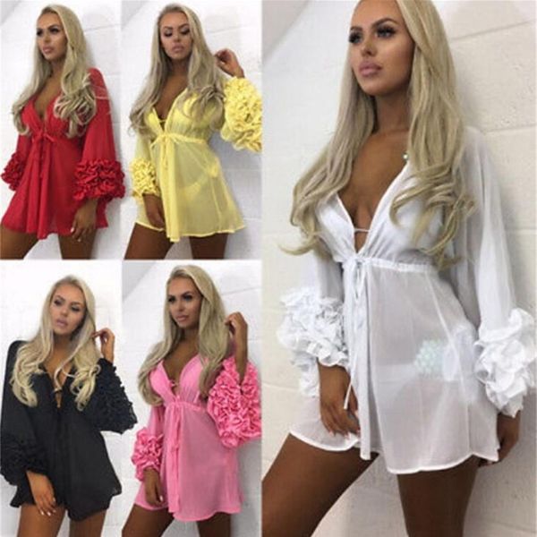 

new women bikini cover up swimwear long sleeve summer chiffon beach floral ruffles v neck blouse women clothes red s-xl
