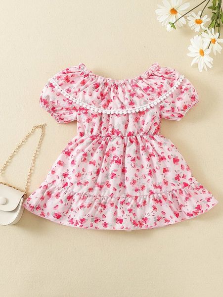 

baby floral print guipure lace trim ruffle hem dress she, Red;yellow