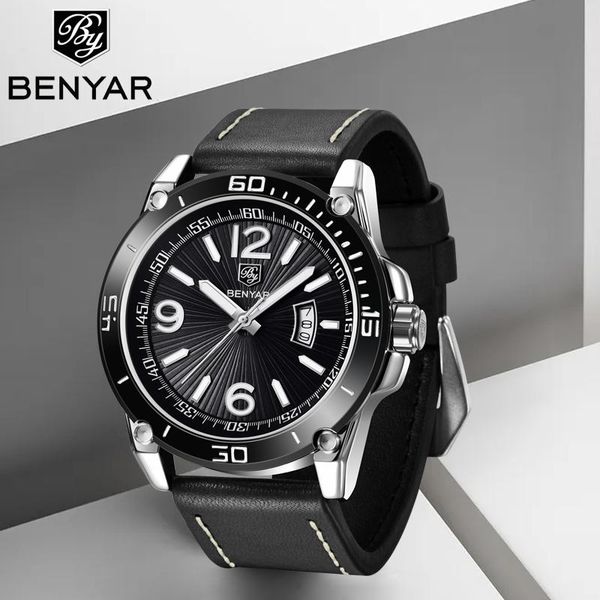 

wristwatches benyar men's watch quartz waterproof fashion casual genuine leather digital luminous clock orologio uomo, Slivery;brown