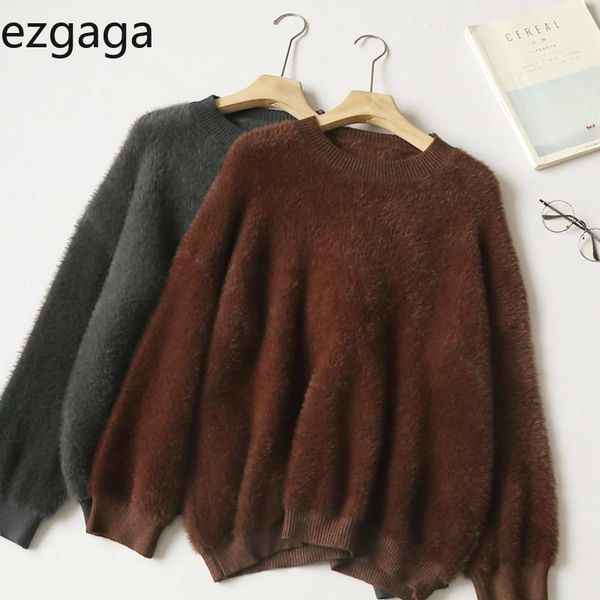 

women's sweaters ezgaga vintage knitted sweater pullover women 2021 winter warm outwear fashion o-neck solid loose ladies home wear ca, White;black