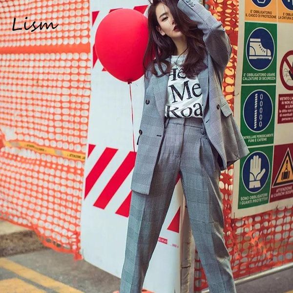 

women's suits & blazers lism high street gray vintage plaid woman suit 2021 office autumn spring notched collar blazer jacket&harem pan, White;black