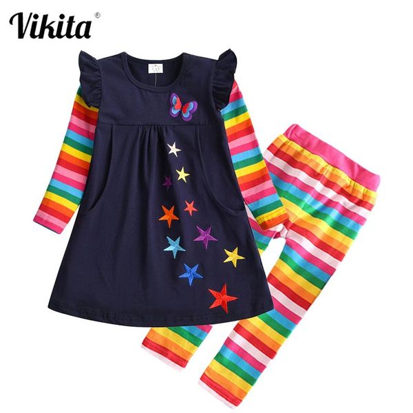 

vikita kids autumn spring clothing sets for girl children butterfly star embroidery cotton dress and slim leggings girls outfit, White