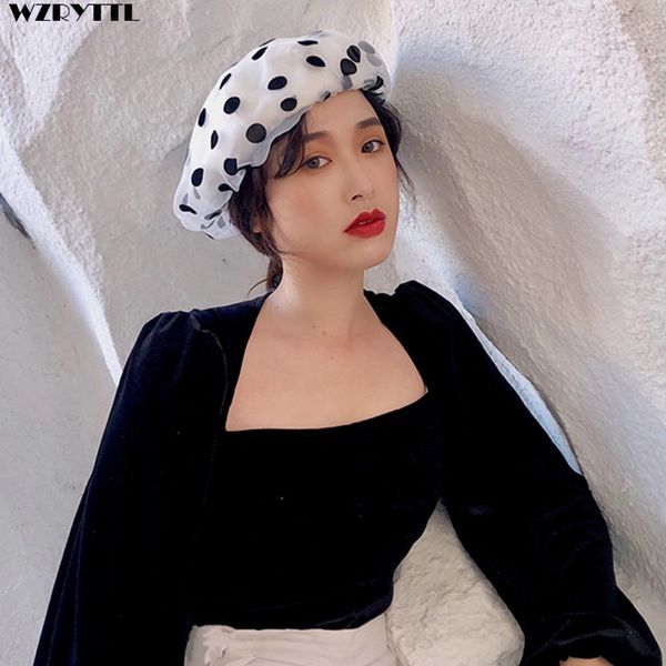 

2021 new fashion organza cotton berets summer hat women elegant cute dots soft girl ladies white black beret dropshipping zmh8, Blue;gray