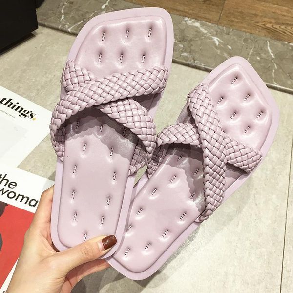 

slippers 2021 chic women cross weave comfortable flat solid color leisure shoes beach, Black
