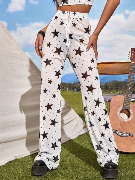 

star print high waist mesh pants y6tk#, Black;white