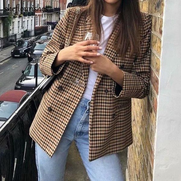 

elegant blazer women plaid jacket fall long coat women notched long sleeve jacket fashion double breasted blazer red khaki 2021, White;black