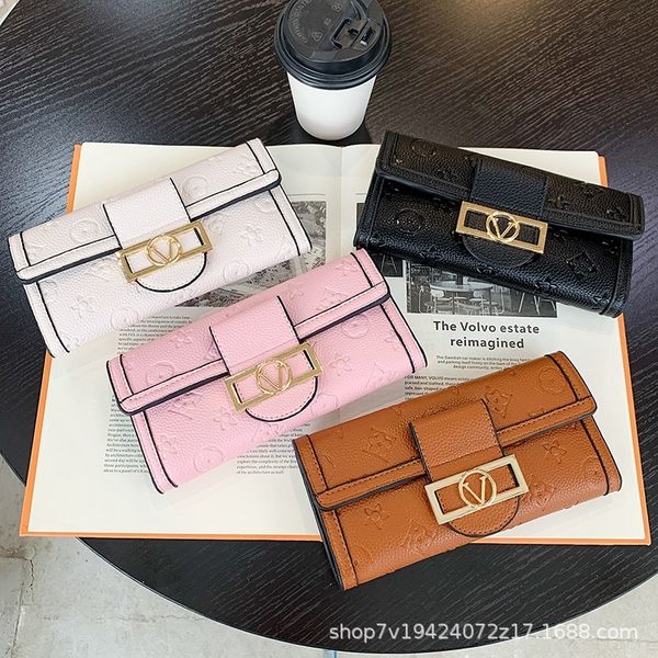 

new wallet women's long net red folding card bag 2021 fashion buckle mobile phone change handbag, Red;black