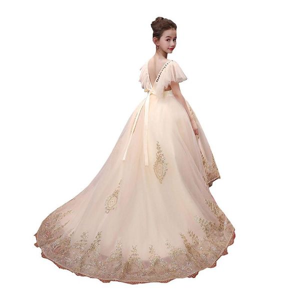 

golden sequins ball gown for baby girls backless lace ruffles tailed dress girl gorgeous pageant weeding bithday party dresses, Red;yellow