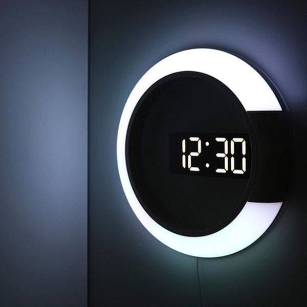 

wall clocks led mirror hollow clock modern minimalist creative alarm 7-color electronic digital display