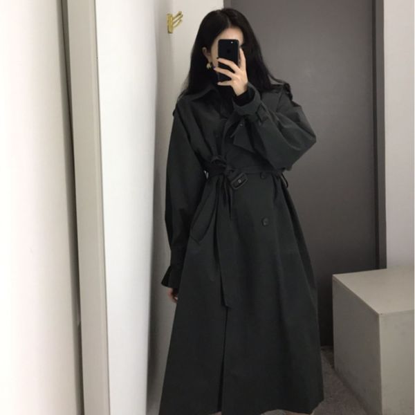 

hepburn long black windbreaker women 2021 new fashion temperament korean version british style coat