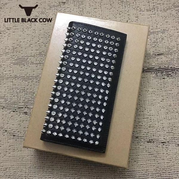 

wallets brand designer mens fold long wallet fashion business man cow genuine leather purse female card holder rivets studded, Red;black