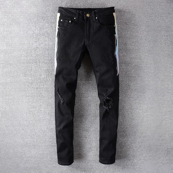 

2021 new american streetwear stripe spliced designer ripped men black elastic slim pencil pants hip hop jeans jo29, Blue