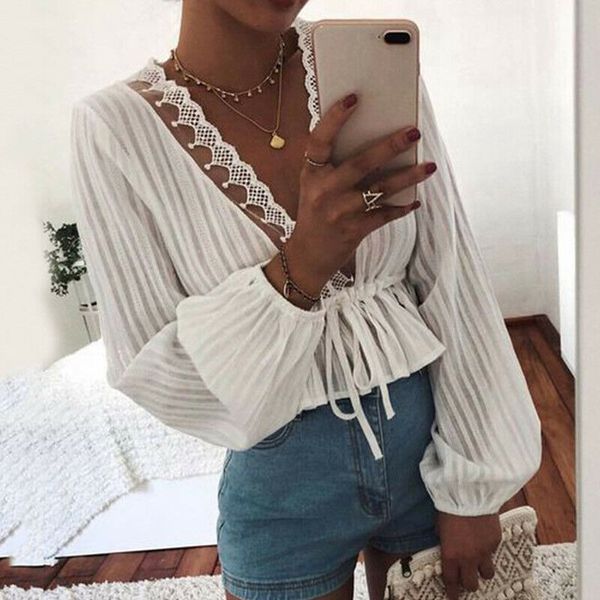 

2019 high street womens striped blouse lace deep v neck long lantern sleeve shirts eleghant lady waist lace-up blouses, White