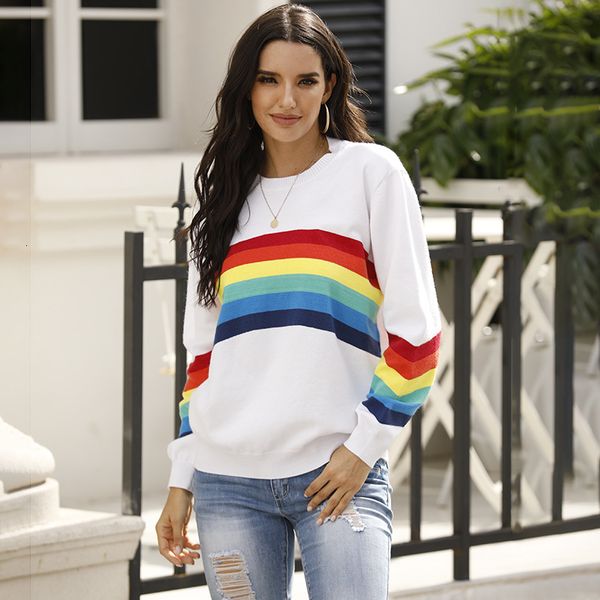 

2021 autumn winter sweet raiow stripes knitted pullovers women new fashion o-neck full sleeve sweater jxiy, White;black