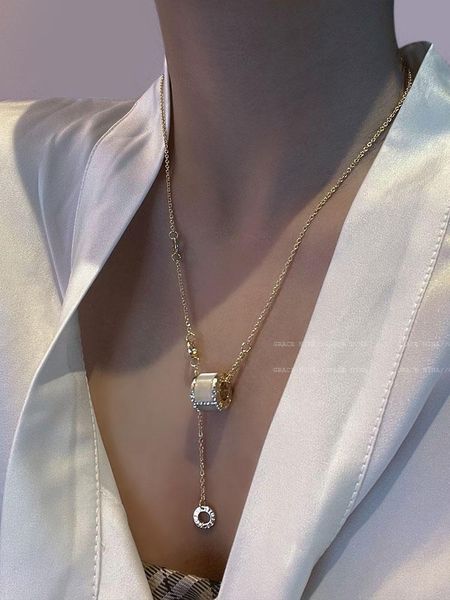 

chokers necklace light luxury niche temperament clavicle chain 2021 female cat's eye stone neck jewlery charms cn(origin), Golden;silver