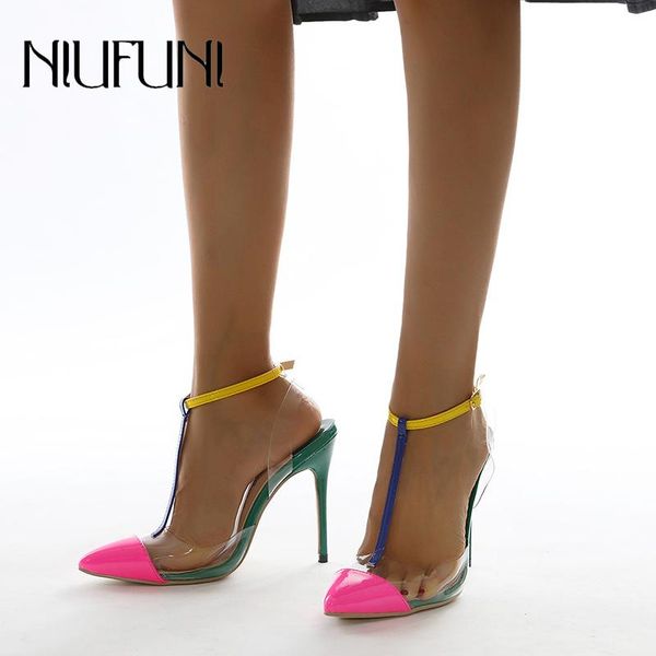 

sandals jelly pumps pointed pvc transparent stiletto buckle high heels clear mixed colors party women wedding shoes, Black
