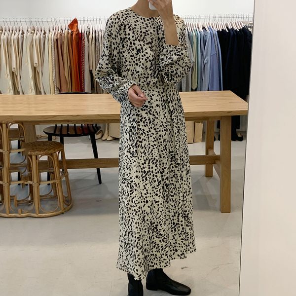 

new 2021 women elegant fashion leopard print midi vintage long sleeve pleated female es vestidos mujer vs6l, Black;gray