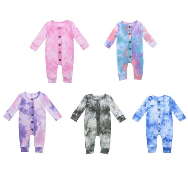 

jumpsuits born 2021 spring autumn clothing baby girls boys tie dye romper long sleeve buttons ribbed playsuits, Blue