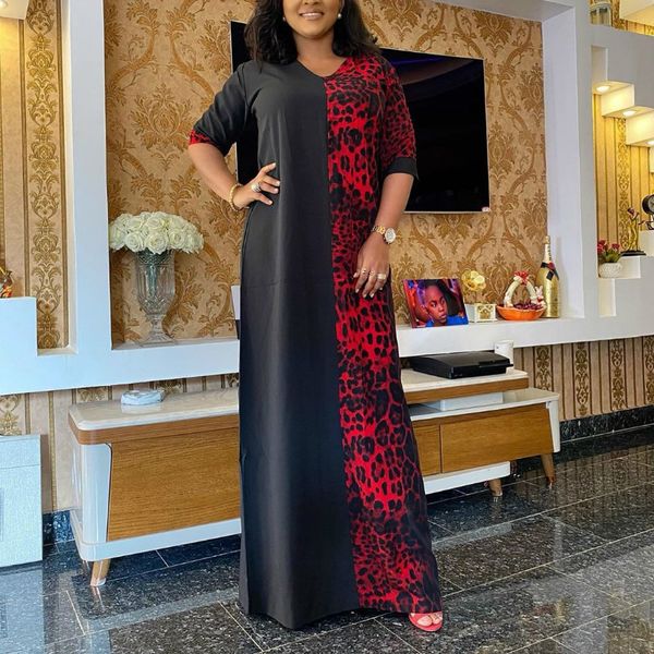 

2021 new women leopard print patchwork loose v neck floor length half sleeve fashion summer african female casual plus size ladies 0v9g, Black;gray