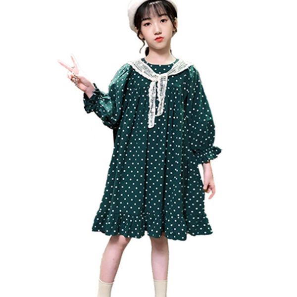 

2021 new teenage girl fall green princess casual polka dots long sleeves for girls children costume 8 12-13y c1m9, Red;yellow