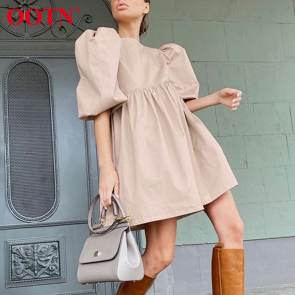 

ootn green o neck casual women dress lantern short sleeve solid pink mini dress ladies elegant a line summer dresses cotton 210305, Black;pink