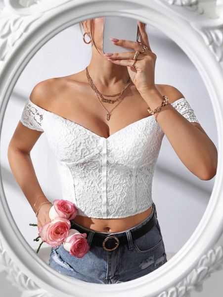 

off shoulder seam front guipure lace r1os#, White