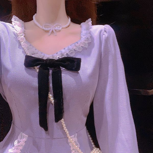 

bule lolita dress women eleagnt bow lace patchwrok sweet dress female puff sleeve knee length korean style chic dress, Black;gray